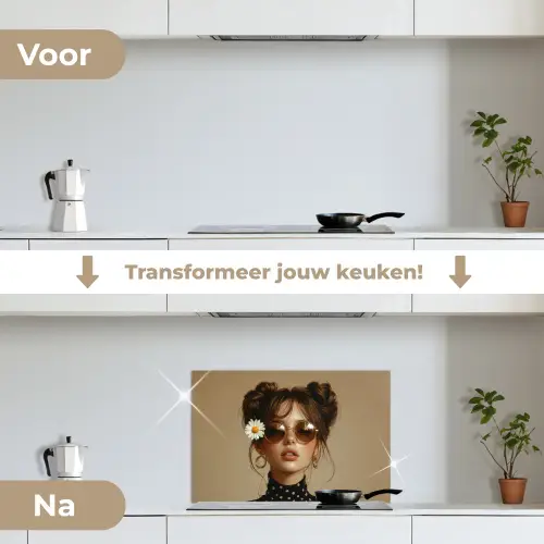 Vrouw - Beige - Bloem - Modern - Portret keuken achterwand spatscherm klein -voor_na_NL