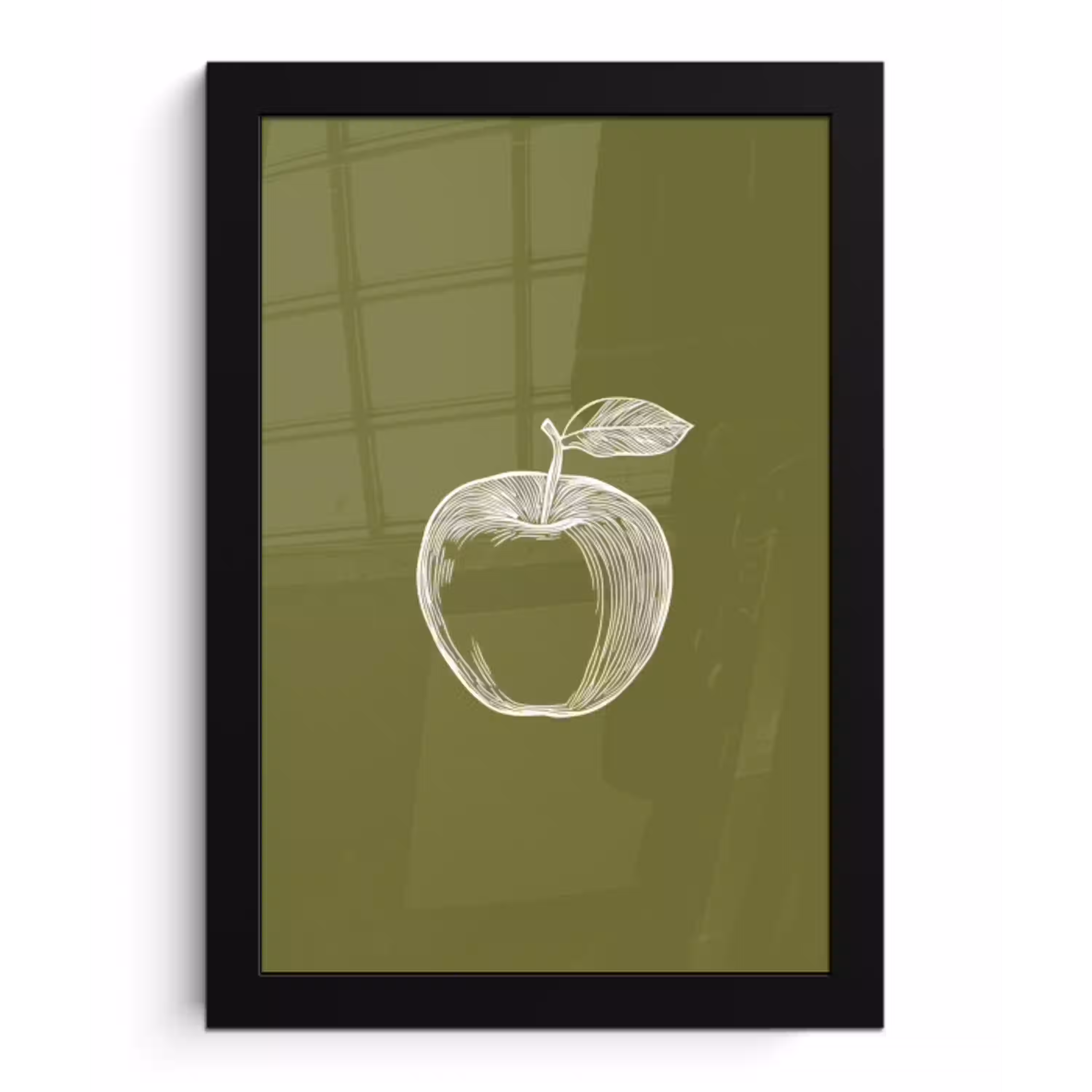 Lijntekening - Appel - Olijfgroen - Blaadje fotolijst zwart zonder passe partout klein -3d