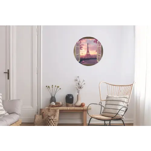 Doorkijk - Parijs - Eiffeltoren - Roze - Kersenbloesem Wandcirkel aluminium klein -woonkamer