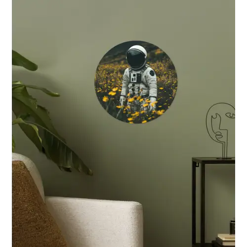 Astronaut - Bloemen - Veld - Geel Wandcirkel behangsticker klein -sfeer2