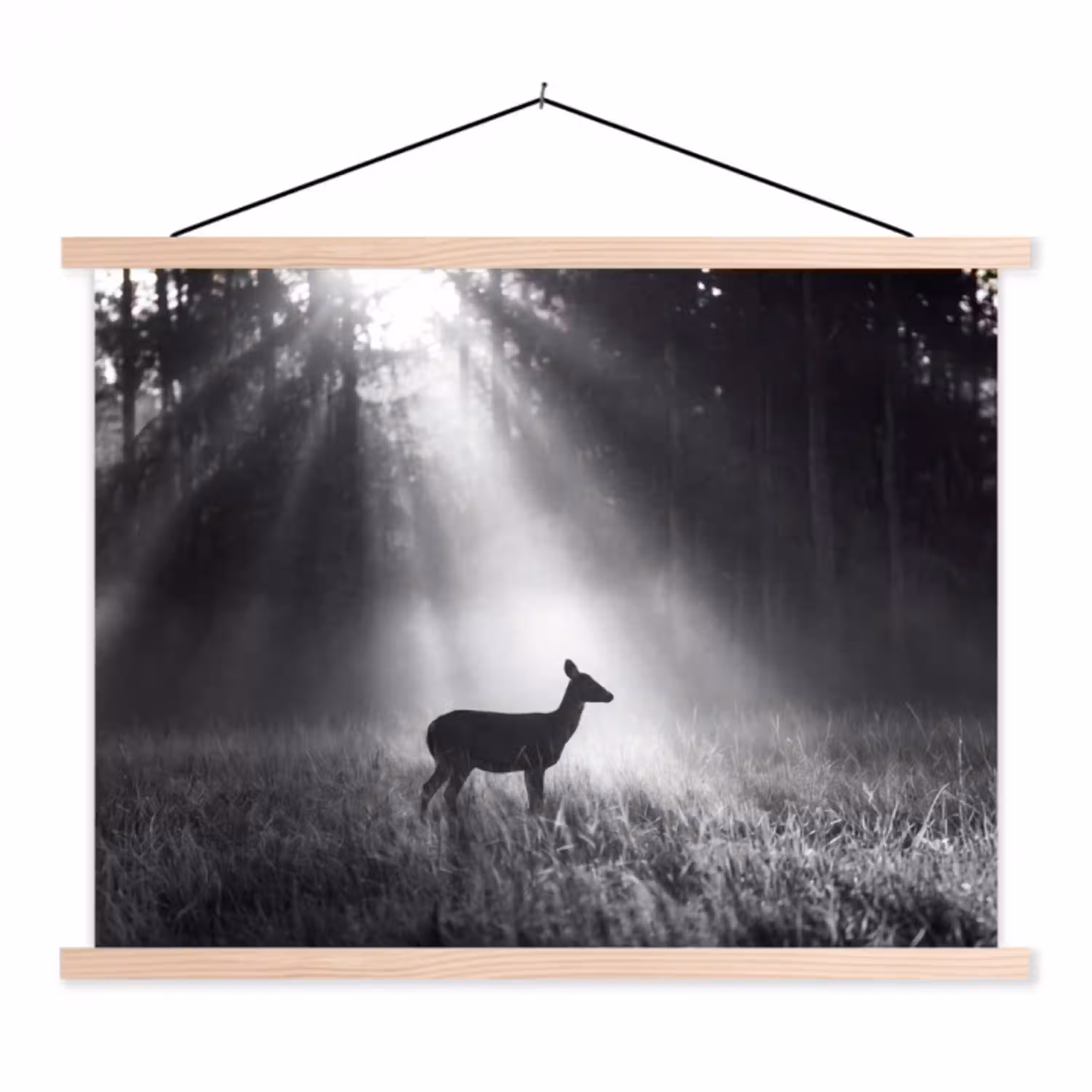 Hert - Bos - Zonnestralen - Zwart-wit - Natuur textielposter latten blank klein -3d