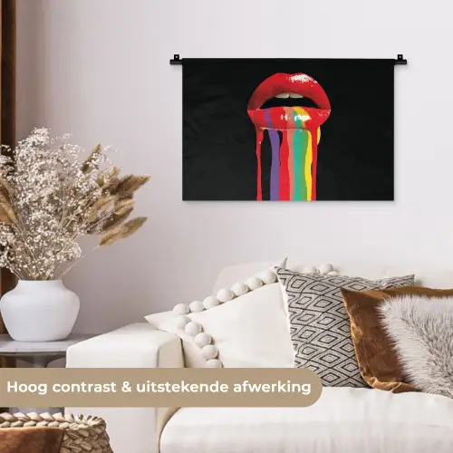 Lippen - Kleuren - Zwart Wandkleed katoen klein -sfeer1