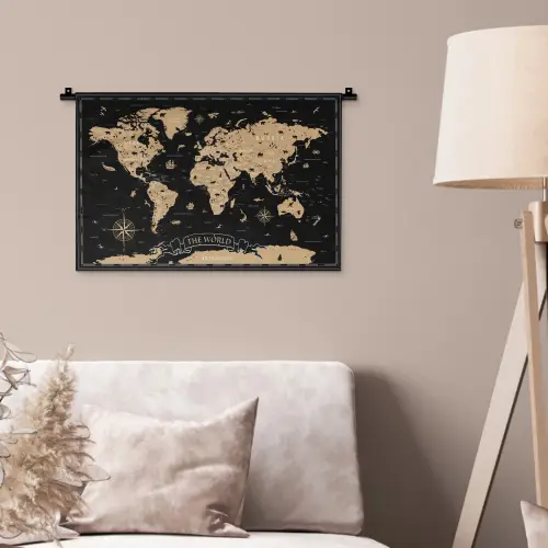 Wereldkaart - Beige - Zwart Wandkleed katoen klein -sfeer4