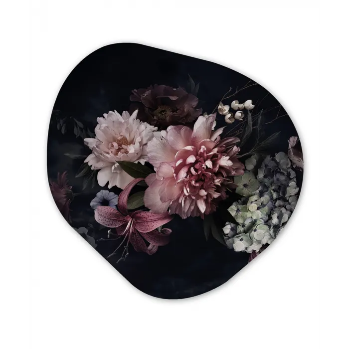 Bloemen - Vintage - Pastel - Zwart - Boeket Wandcirkel Organisch Forex 3mm klein -3d