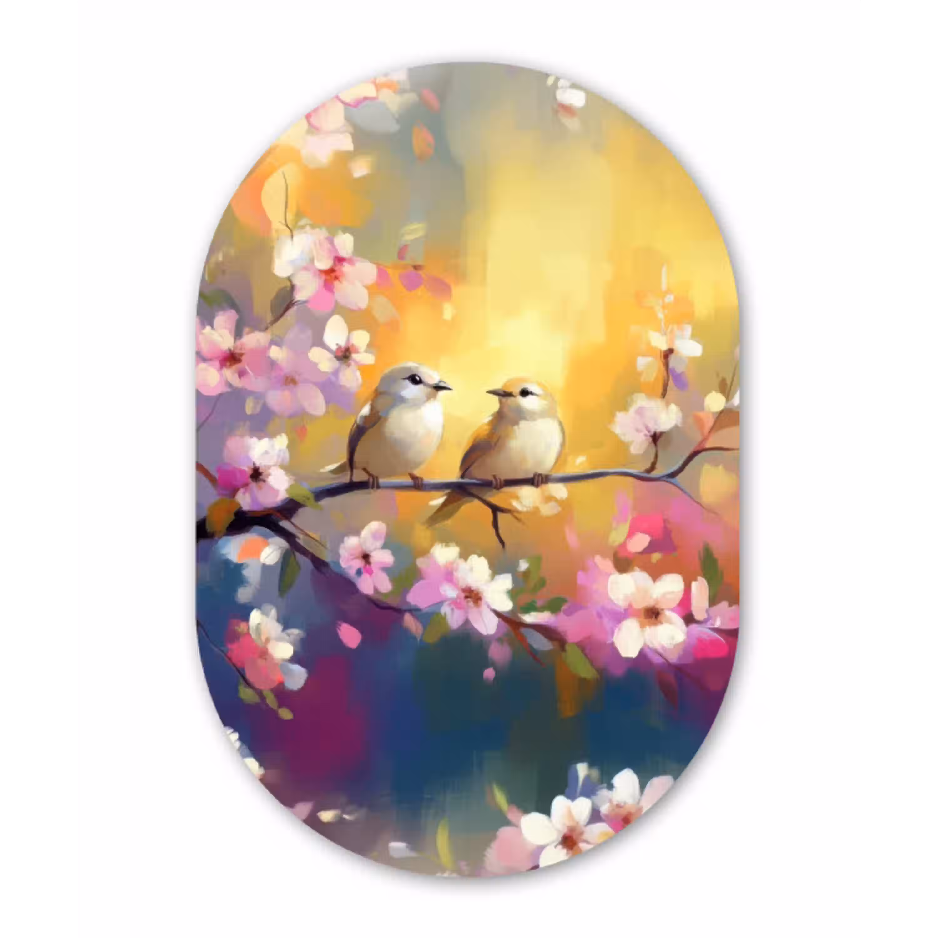 Vogels - Bloemen - Roze Wandcirkel Ovaal Aluminium middel -3d