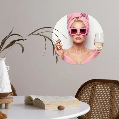 Vrouw - Roze - Wijn - Zonnebril Wandcirkel behangsticker klein -sfeer3
