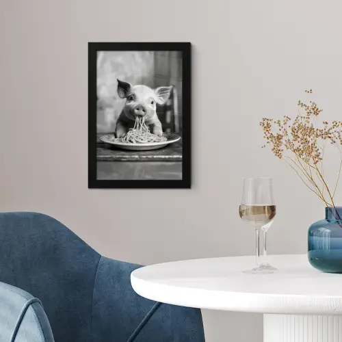 Varken - Schattig - Spaghetti - Zwart wit - Dier fotolijst zwart zonder passe partout klein -sfeer4