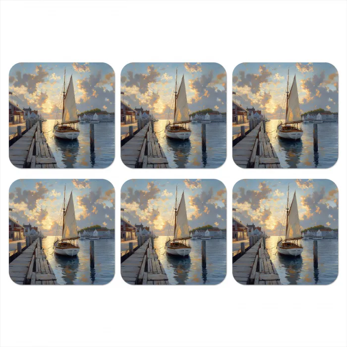Zeilboot - Zon - Pier - Hout onderzetter kurk middel -3d
