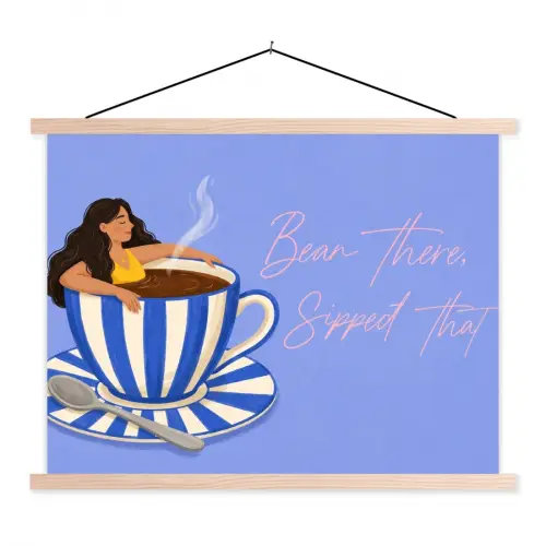 Mok - Koffie - Vrouw - Paars textielposter latten blank klein -3d
