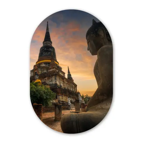 Tempel - Zonsondergang - Boeddha beelden - Buddha Wandcirkel Ovaal Forex klein -3d