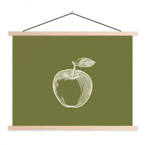 Lijntekening - Appel - Olijfgroen - Blaadje textielposter latten blank klein -3d