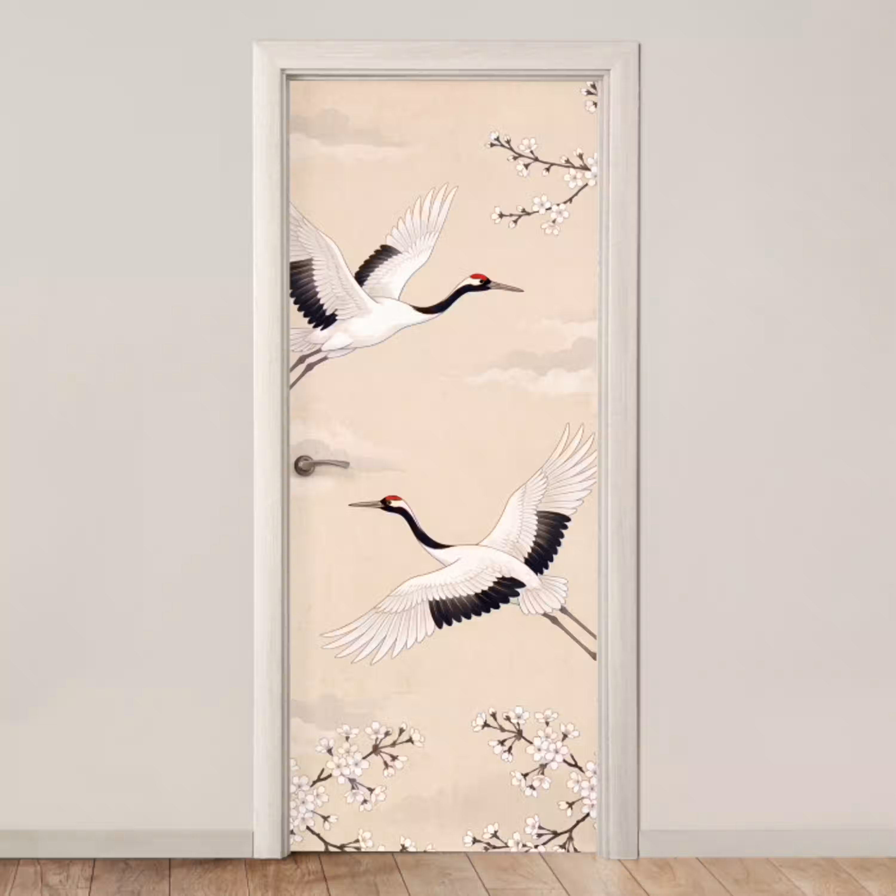 Kraanvogels - Bloesem - Beige deurposter klein -3d_beige