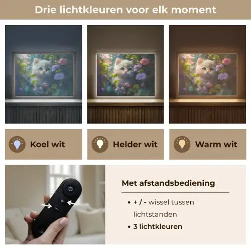 Kitten - Bloemen - Bos - Illustratie - Poes Light Box met batterij (Wandlamp kind) middel -USP_lichtkleurNL