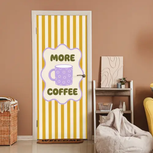 More coffee - Geel - Paars - Strepen - Mok deurposter klein -sfeer1