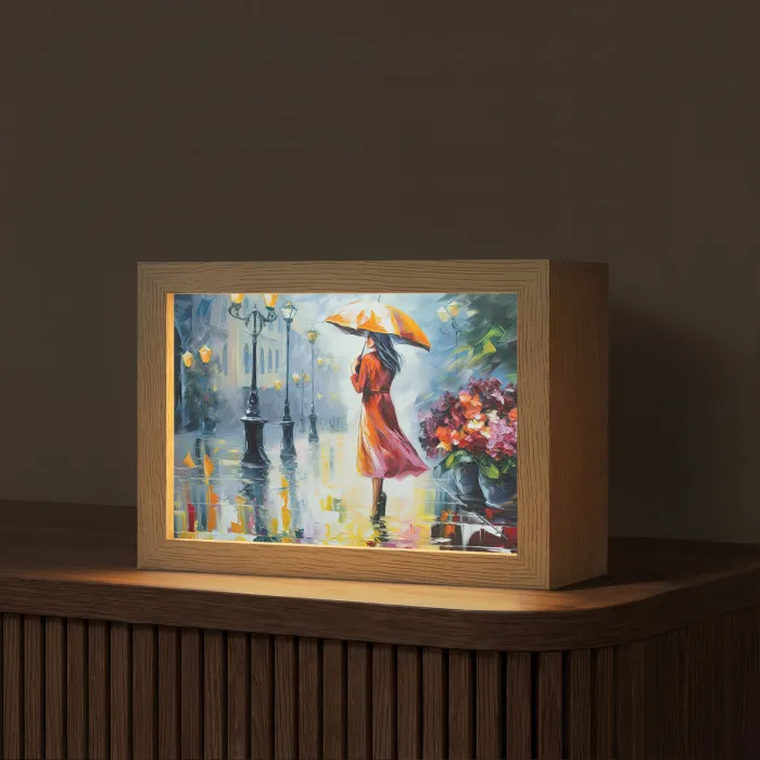 Olieverf - Paraplu - Vrouw - Straat - Kunst Light Box met kabel (Tafellamp) klein -z3d_website