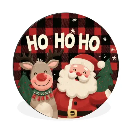 Kerstman - Rendier - Tekst - Rood - Zwart Wandcirkel aluminium klein -3d