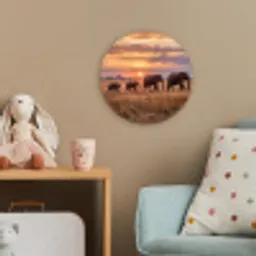 Olifanten - Savanne - Zonsondergang - Afrika - Warm Wandcirkel kunststof plaat 5mm dik klein -tsfeer1_kind