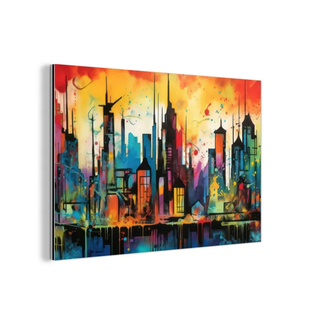 Neon Skyline - Graffiti - Kleurrijk - Gebouwen aluminium wit klein -3d
