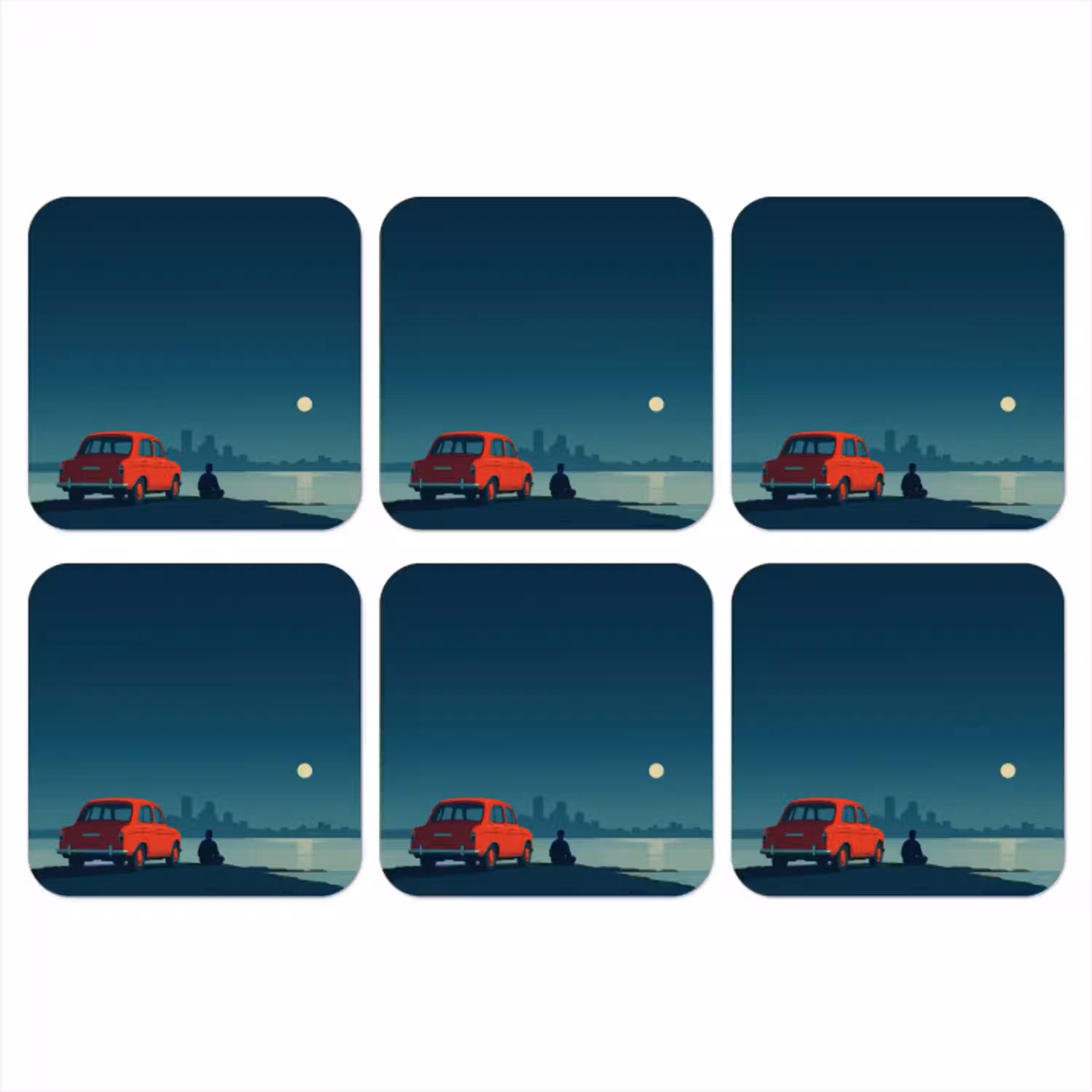 Auto - Volle maan - Uitkijkend over water onderzetter kurk middel -3d
