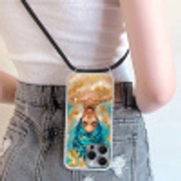 Portret - Vrouw - Schilderij - Blauw - Goud - Expressief Hoesje iPhone 16 Pro Max met koord klein -sfeer5