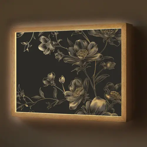 Bloemen - Zwart - Goud - Line art Light Box met batterij (Wandlamp) middel -z3d_website