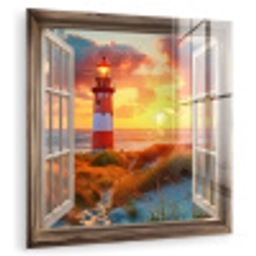 Doorkijk - Raam - Vuurtoren - Zonsondergang - Strand plexiglas 5mm klein -zzzproduct_nieuw