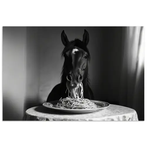 Paard - Bord - Pasta - Tafelkleed - Zwart Wit - Dieren poster papier klein -3d