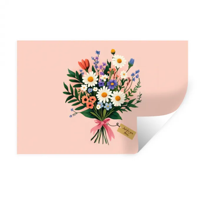 Margrieten - Boeket - Strikje - Roze Muursticker klein -3d