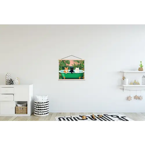 Badkamer - Kattenparade - Kleurrijk textielposter latten blank klein -kinderkamer