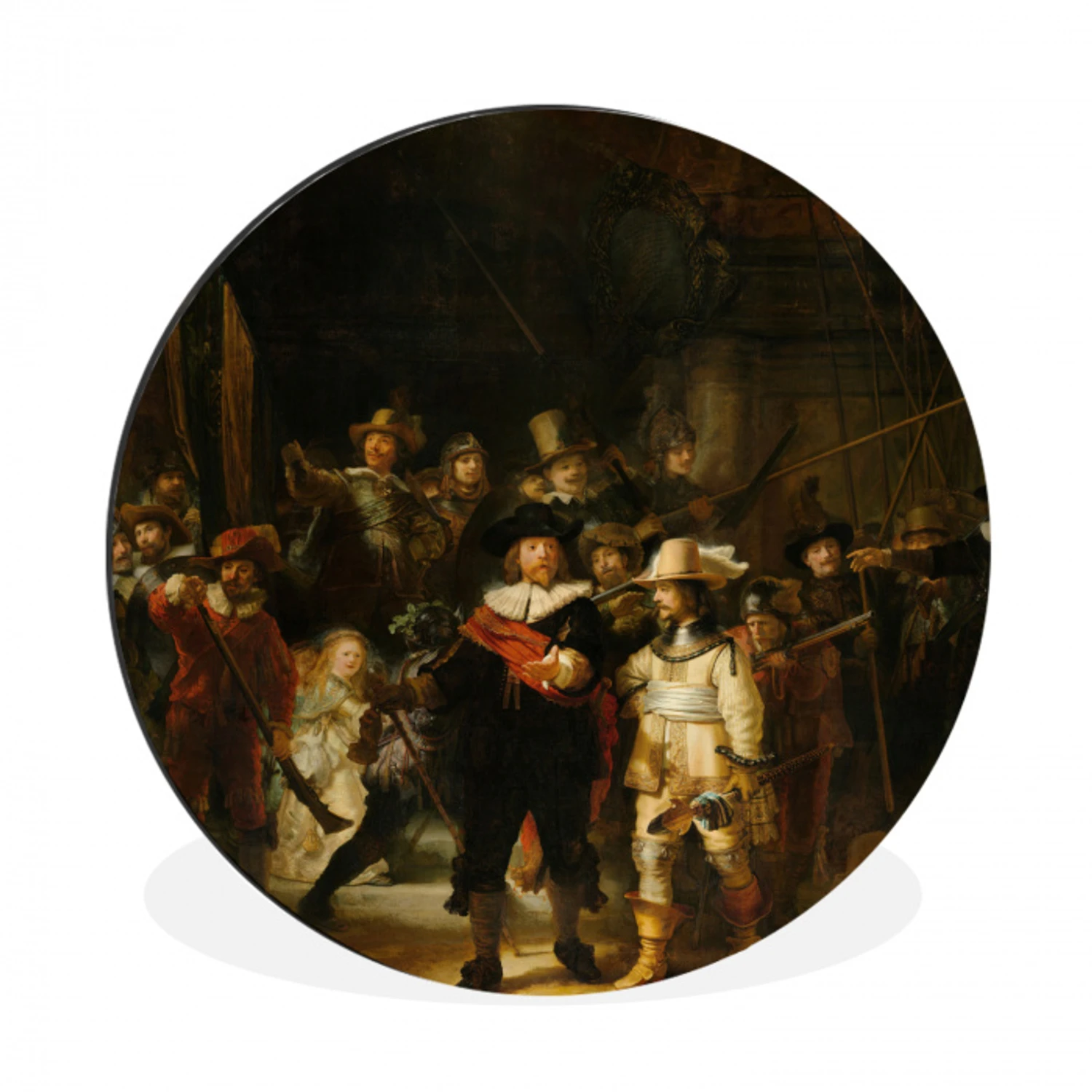 De Nachtwacht - Schilderij van Rembrandt van Rijn Wandcirkel aluminium klein -3d