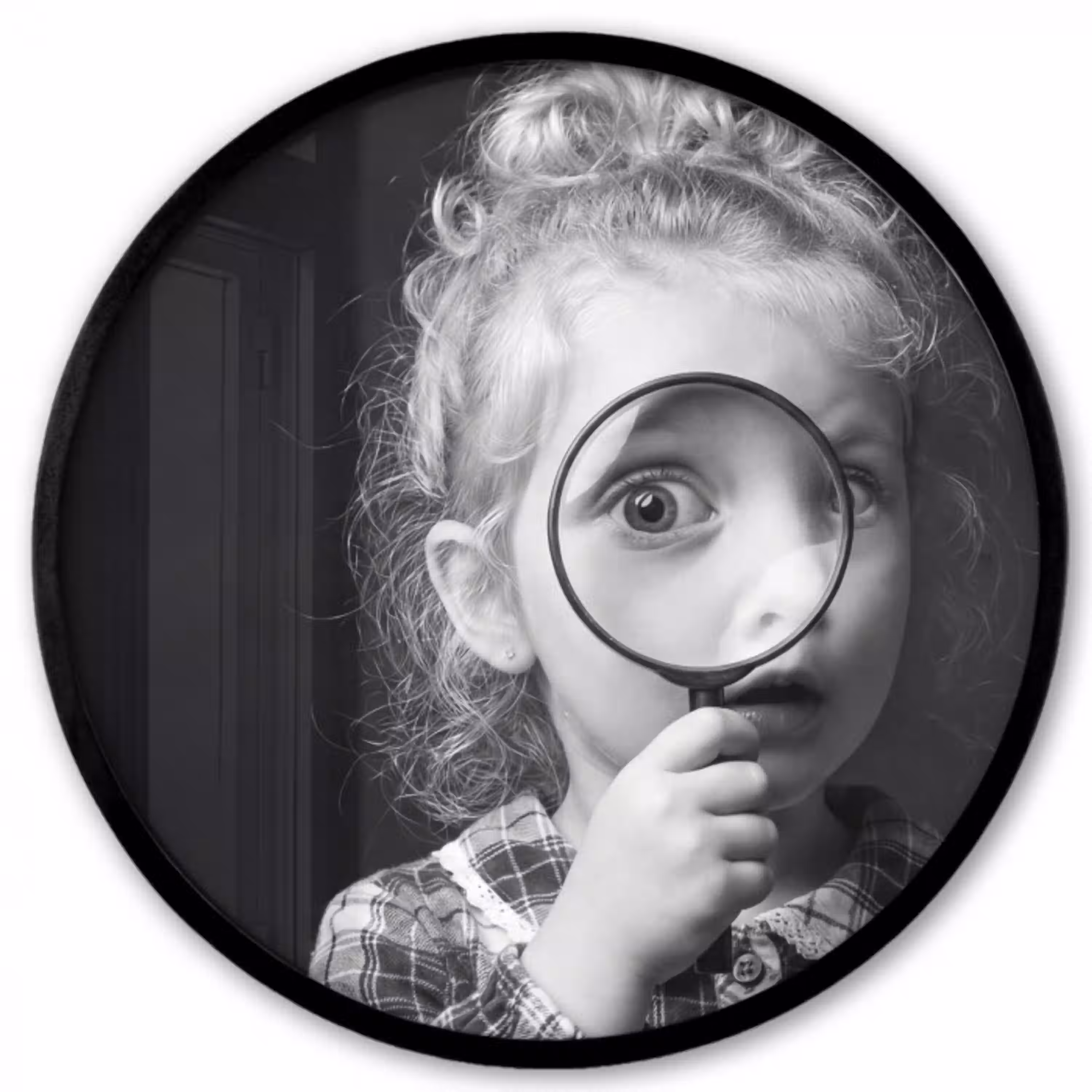 Kind - Vergrootglas - Portret - Zwart-wit Fotolijst rond zonder passe partout klein -3d