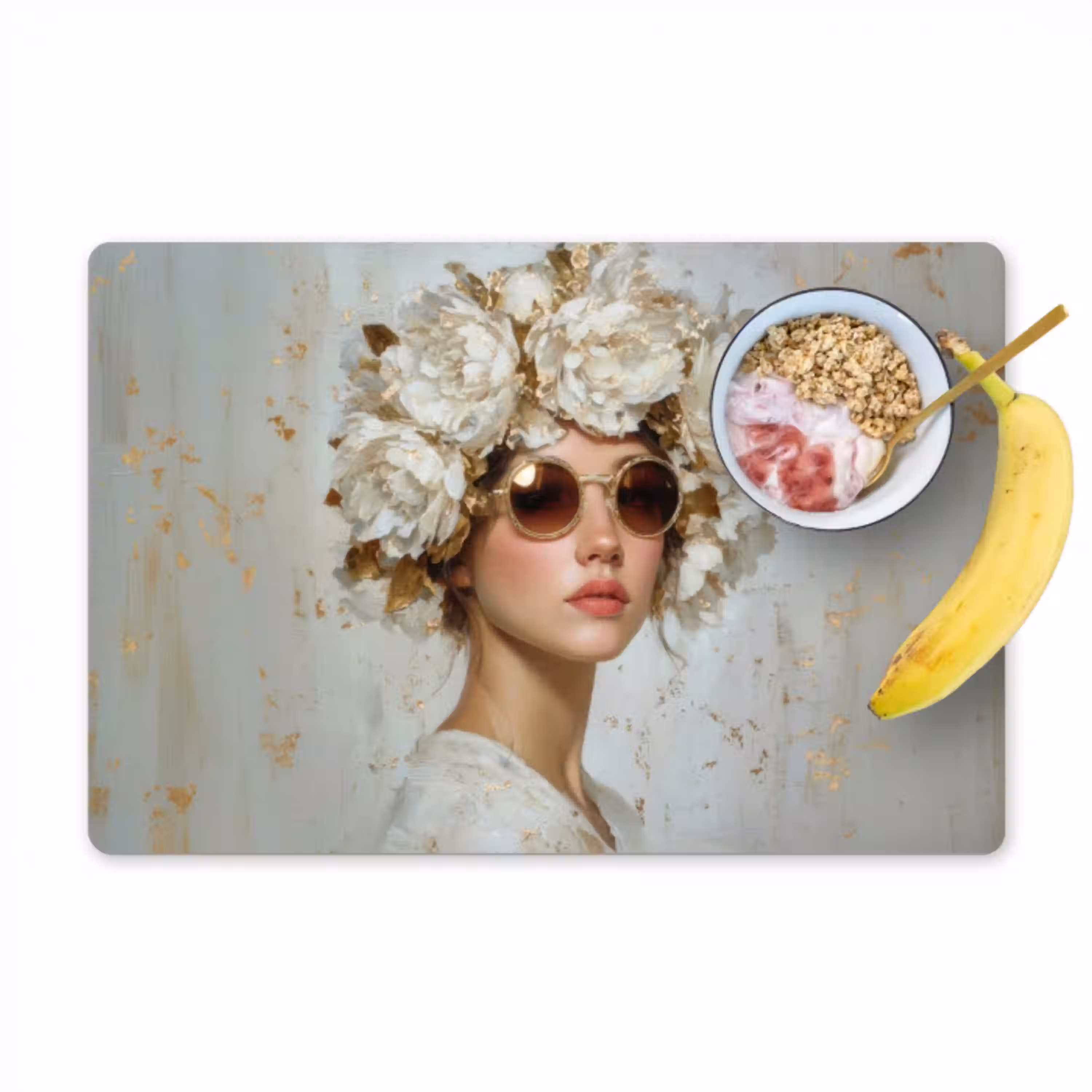 Schilderij - Vrouw - Zonnebril - Bloemenkrans Placemat vinyl groot -zzzproduct_Kitchenyeah-website