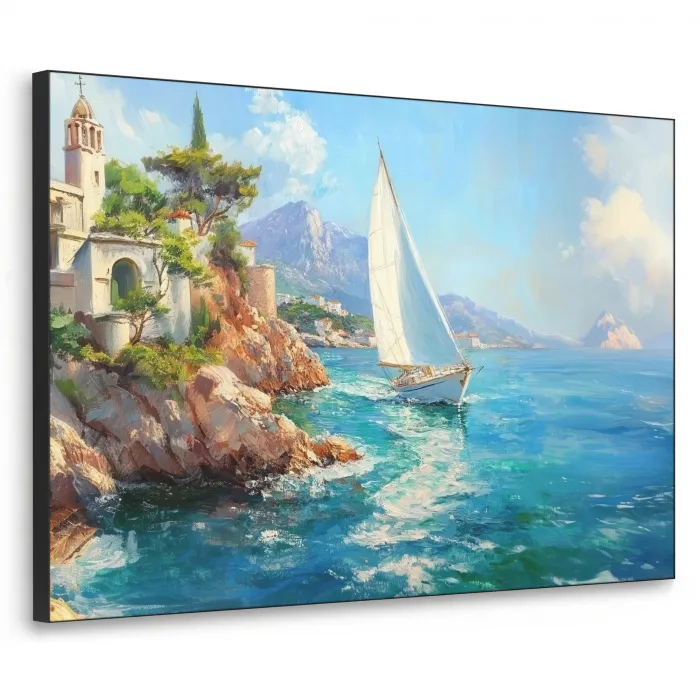 Zeilboot - Rotsen - Kust - Huizen Textielframe - compleet frame klein -3d