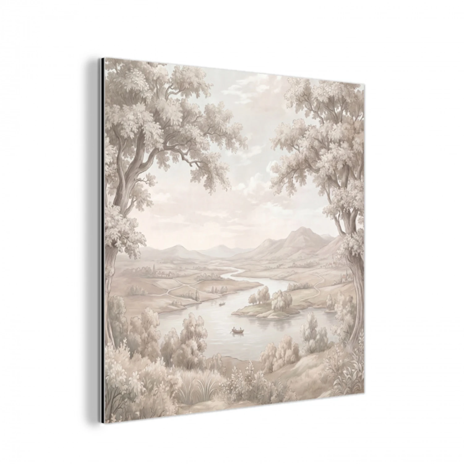 Rivierlandschap - Bergen - Natuur - Vintage - Beige aluminium wit klein -3d