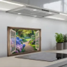 Doorkijk - Tuin - Raam - Hortensia - Bloemen keuken achterwand spatscherm klein -3d_schuin