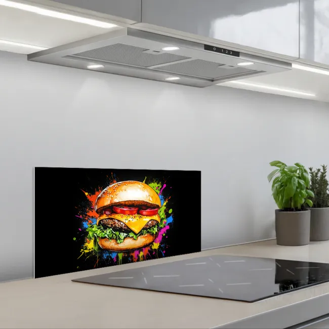 Hamburger - Graffiti - Verf - Kleurrijk - Eten - Abstract keuken achterwand spatscherm klein -3d_schuin