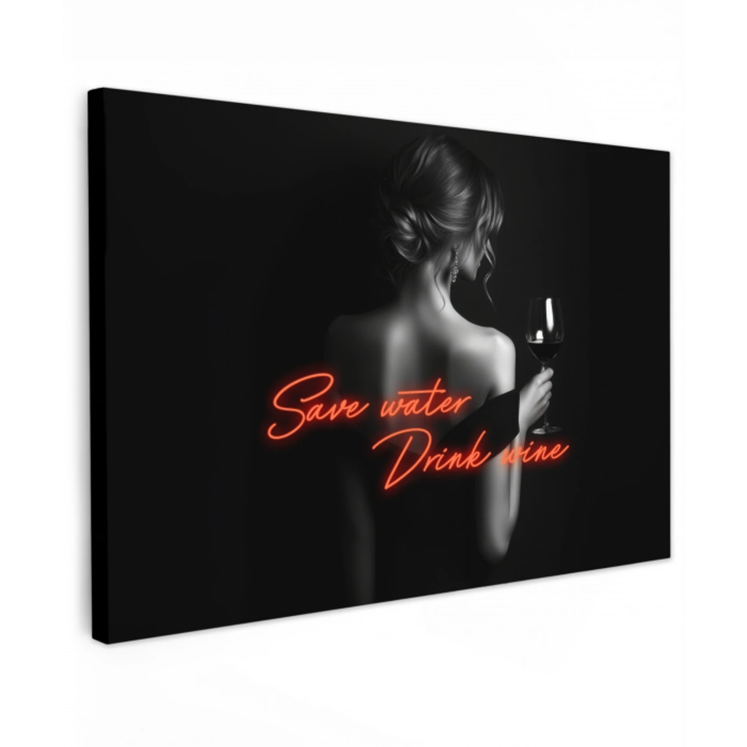 Wijn - Vrouw - Neon - Quote Tuinposter op houten frame 2 cm dik klein -3d