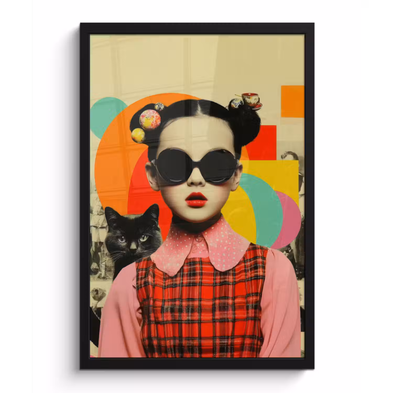 Poster met lijst - Meisje - Zonnebril - Kat - Retro