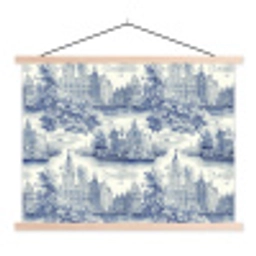 Huizen - Bomen - Water - Vogels - Blauw textielposter latten blank klein 122 -3d