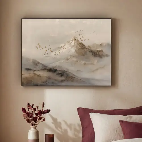 Berglandschap - Mist  - Penseelstreken Textielframe zwart klein -sfeer1