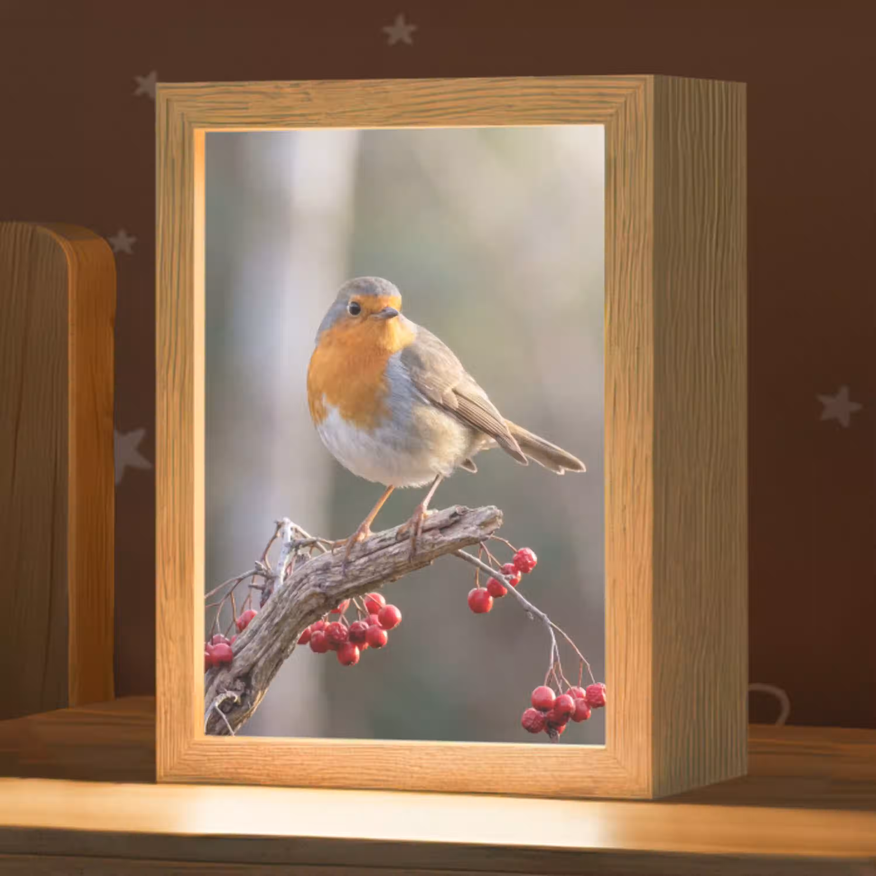 Roodborst - Tak - Bessen - Natuur Light Box met kabel (Kinderlampje) klein -zzz_3d_website