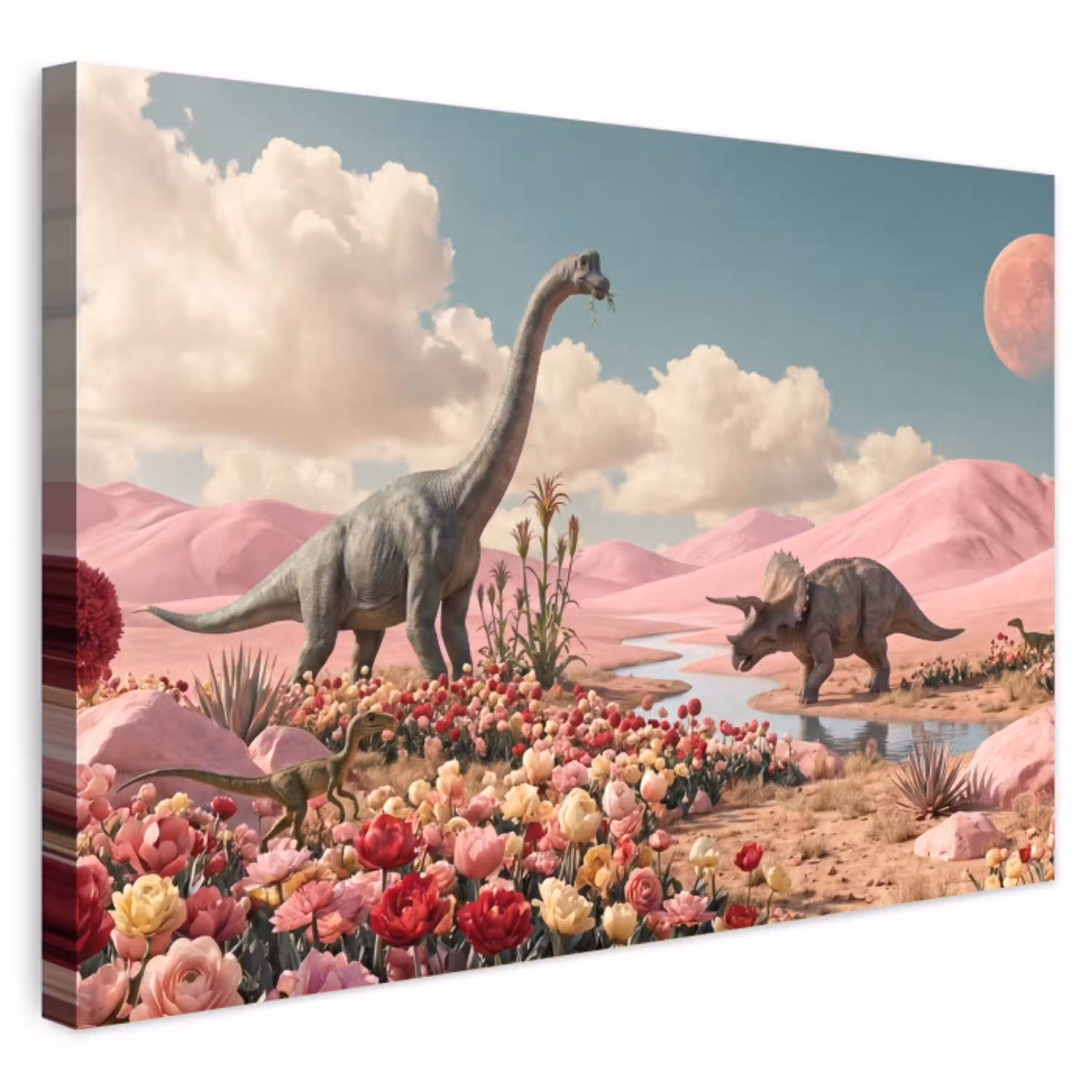 Dinosaurus - Roze - Landschap Tuinposter op houten frame 2 cm dik klein -3d