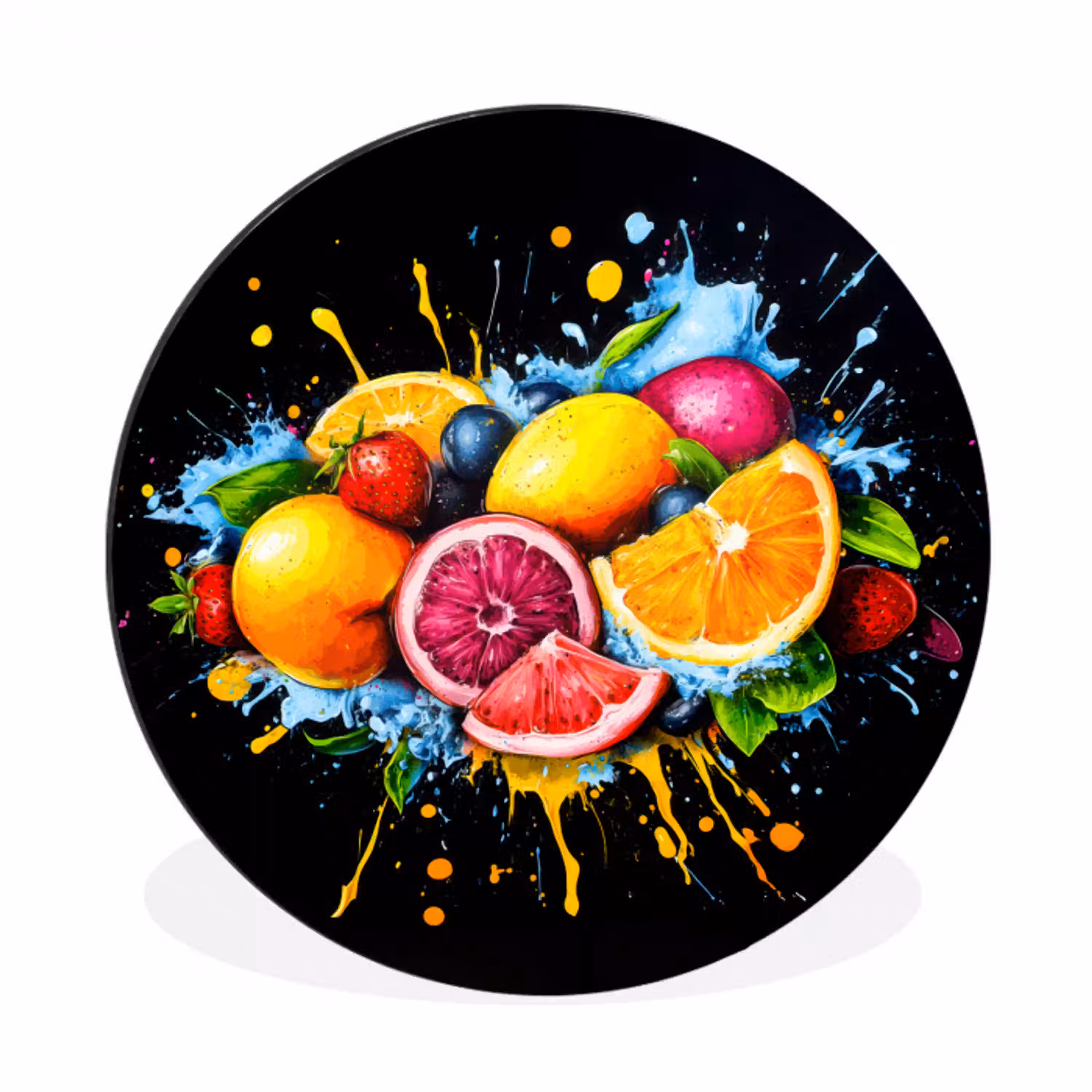 Fruit - Graffiti - Kleurrijk - Sinaasappel - Aardbei - Abstract Wandcirkel aluminium klein -3d