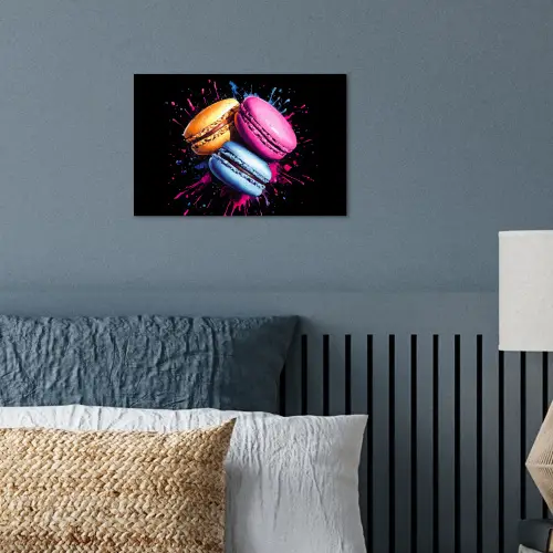 Macarons - Dessert - Graffiti - Kleurrijk - Roze - Blauw - Geel poster papier klein -sfeer2