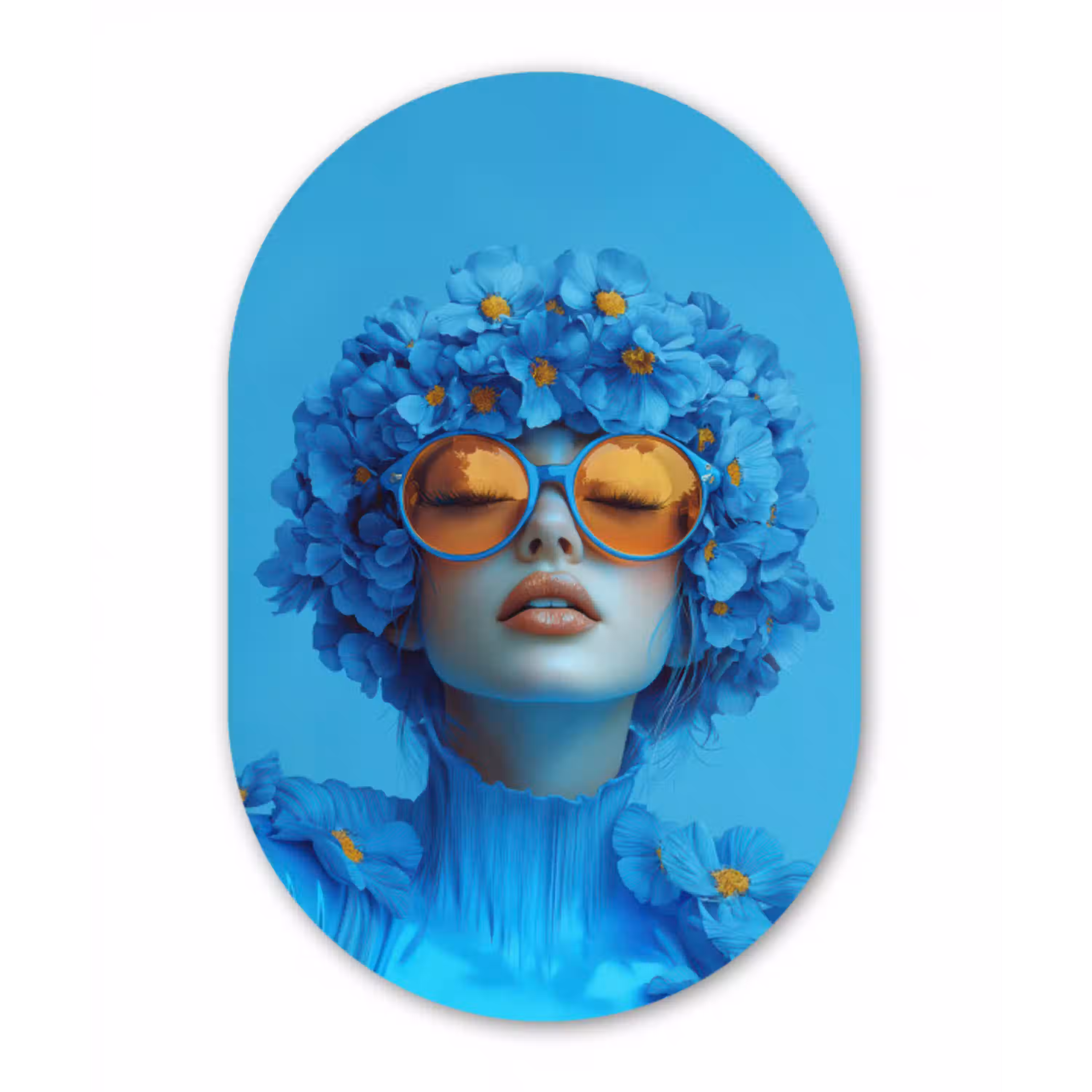 Vrouw - Bloem - Blauw - Modern - Bril - Portret Wandcirkel Ovaal Aluminium middel -3d