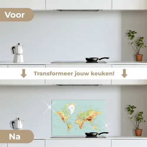 Wereldkaart - Realistisch - Blauw keuken achterwand spatscherm klein -voor_na_NL