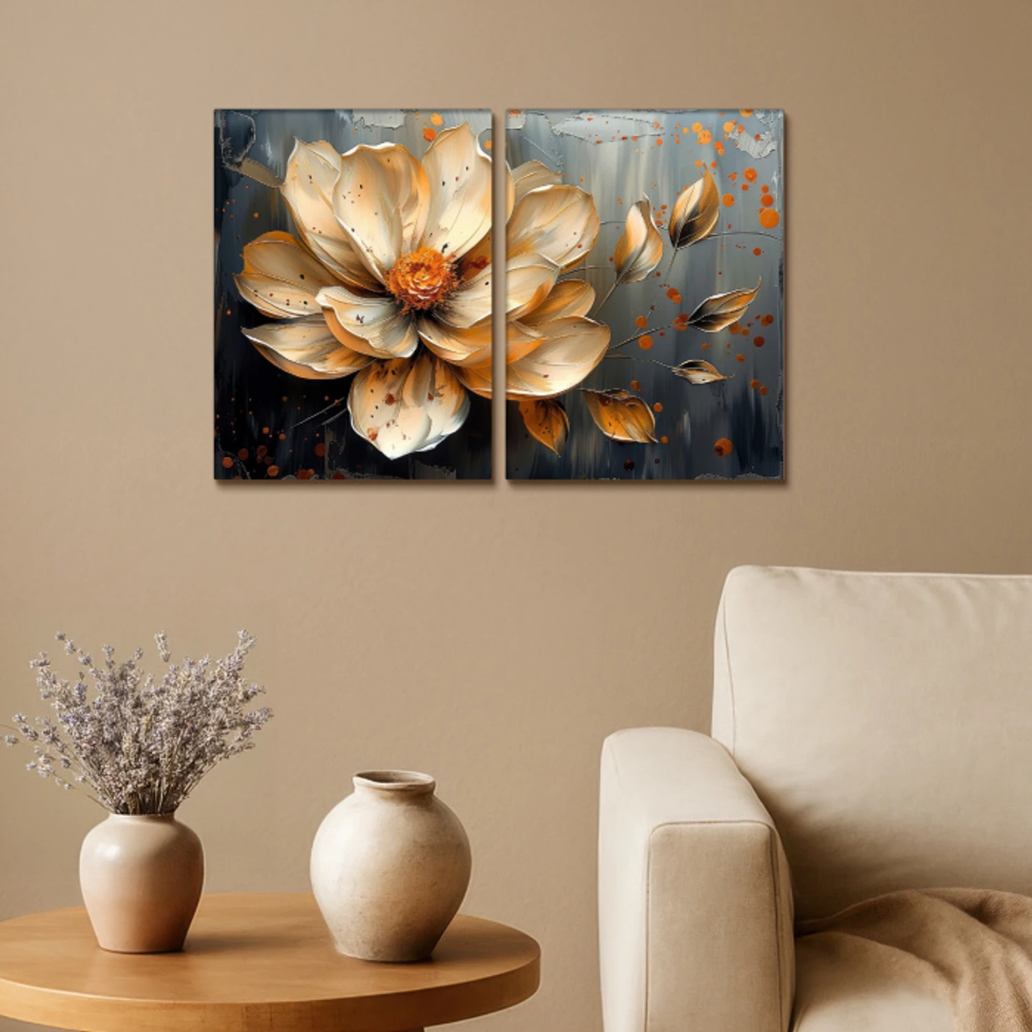 Bloem - Goud - Abstract - Verf Canvas - Meerluiken 2 luik klein -sfeer1
