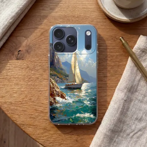 Zeilschip - Zee - Rotsen - Wolken Telefoonhoesje iPhone 17 Pro klein -sfeer1