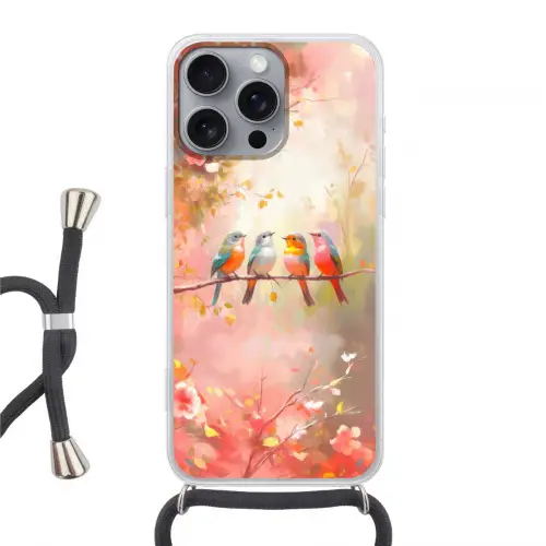 Vogels - Kleurrijk - Tak Hoesje iPhone 16 Pro Max met koord klein -3d