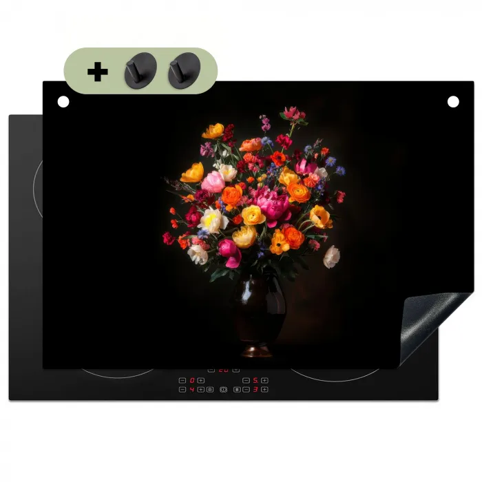 Kleurrijk - Boeket - Vaas - Donkerbruin Inductie beschemer met haakjes klein -3d